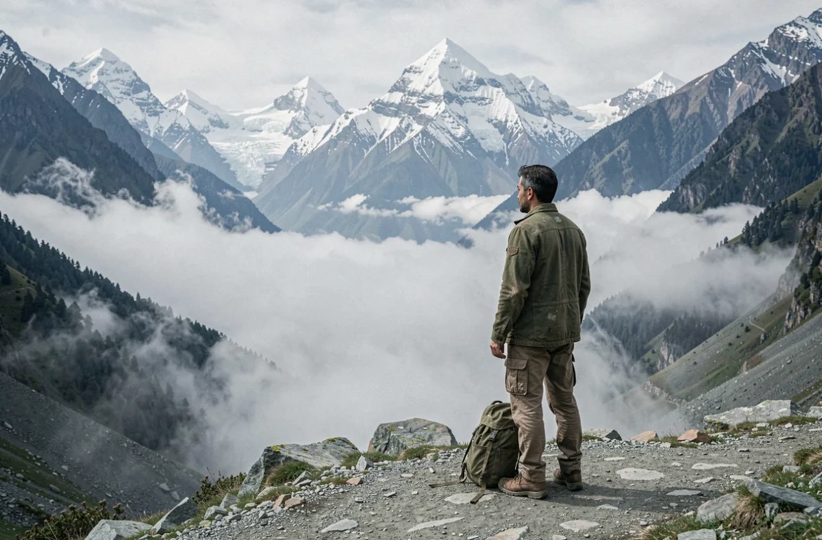Voyageur solitaire contemplant un paysage himalayен brumeux et majestueux, symbole de la recherche spirituelle de Shamballa