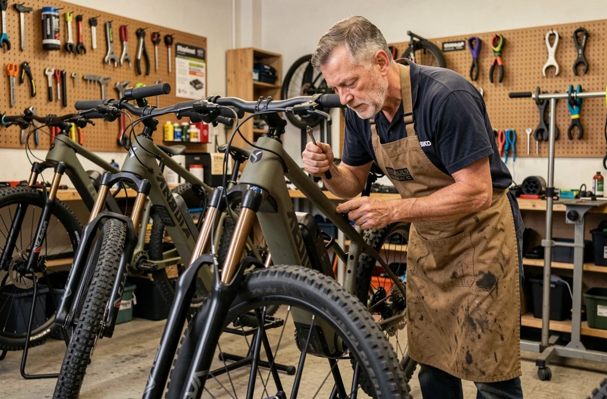 Mécanicien d'Arnaud Bike inspectant un vélo électrique tout-terrain dans l'atelier de la boutique