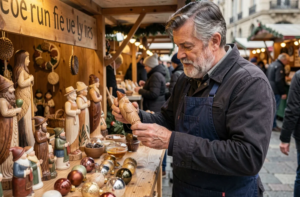 Artisan du marché de Noël de Lyon présentant des décorations en bois sculptées à son chalet