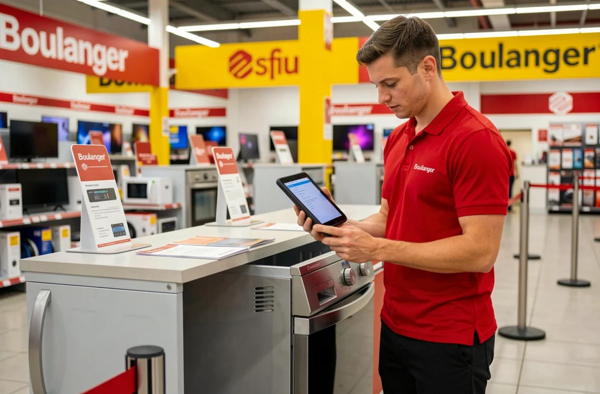 Technicien SAV de Boulanger Englos au comptoir de service après-vente avec un électroménager apporté en réparation