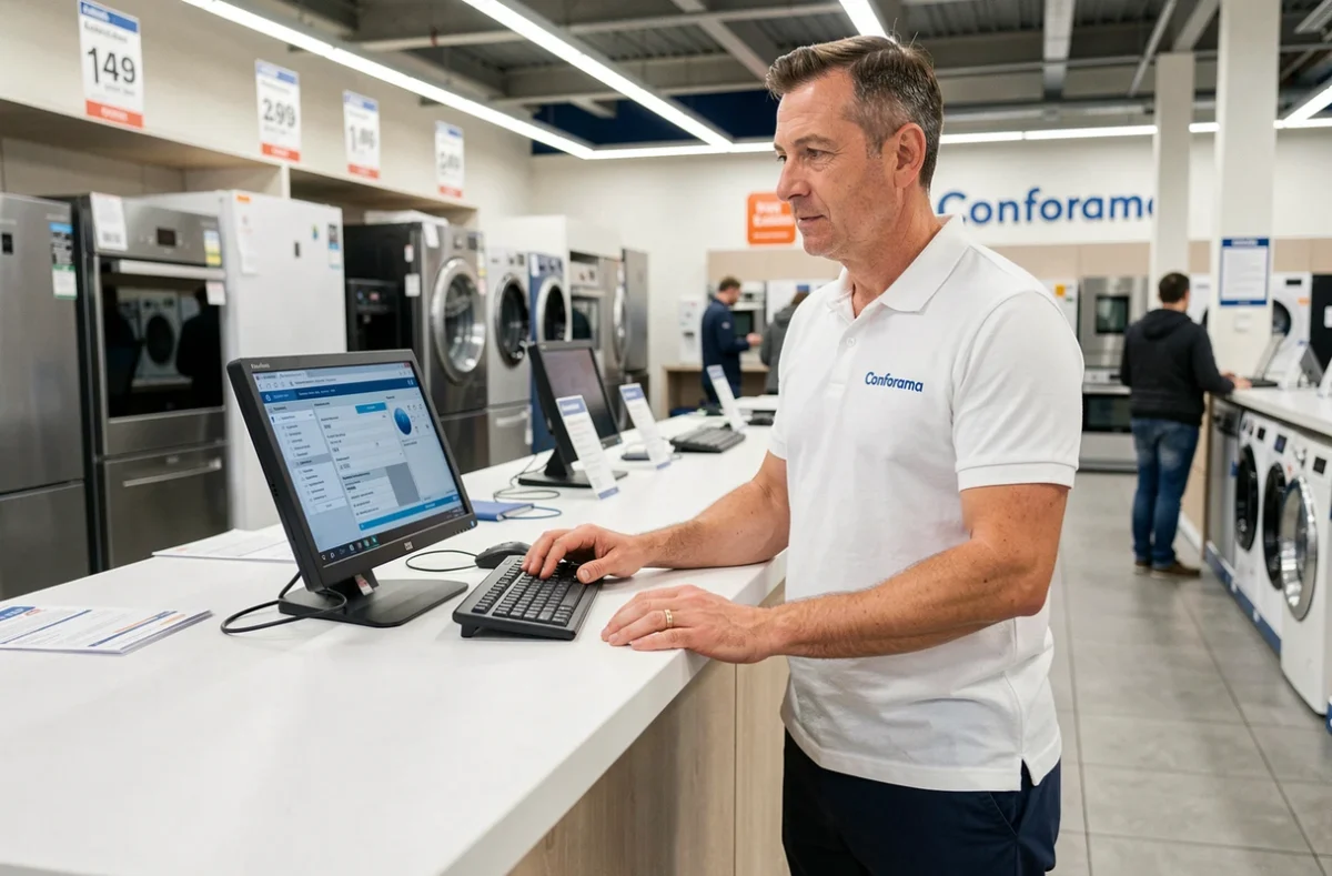 Employé du service après-vente de Conforama Lomme enregistrant un électroménager au comptoir de réception SAV