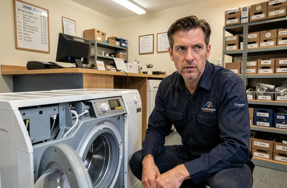 Technicien de Copin Electro réparant une machine à laver dans un atelier de dépannage électroménager du Nord
