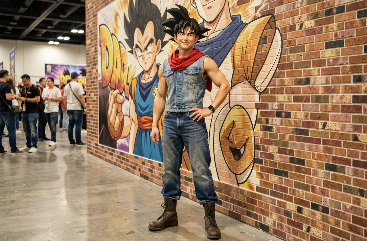 Cosplayer déguisé en Android 17 de Dragon Ball Z devant une fresque murale dans une convention anime