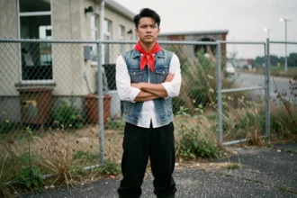 Cosplayer adulte incarnant Android 17 de Dragon Ball Z en tenue fidèle à l'original, posant devant un décor industriel urbain