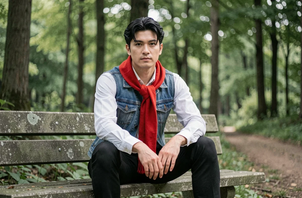 Cosplayer représentant Android 17 de Dragon Ball Z assis dans un parc forestier, tenue fidèle au personnage de l'animé