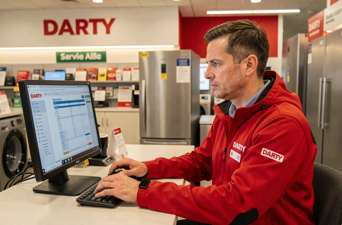 Conseiller SAV de Darty Lille au bureau d'assistance électroménager, consultant un dossier de réparation