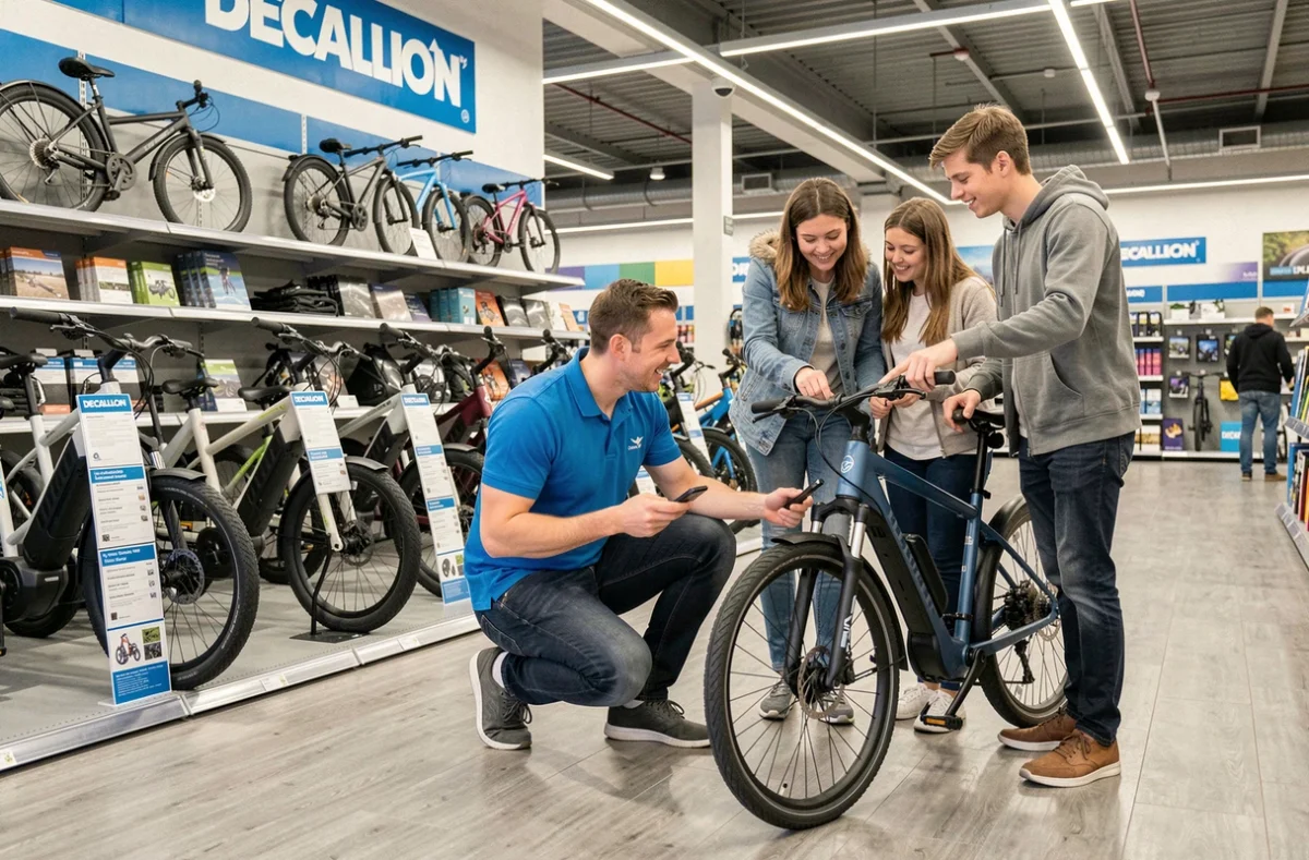 Vendeur du Decathlon de Béziers expliquant le système moteur d'un vélo électrique urbain à un jeune couple dans le magasin