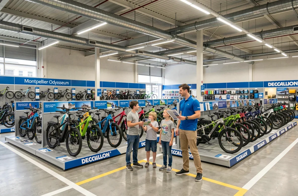 Rayon vélos électriques du Decathlon Montpellier Odysseum avec un employé guidant une famille parmi les modèles exposés