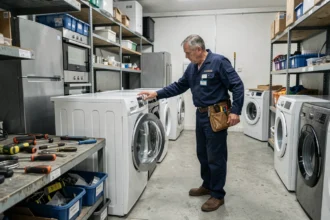 Technicien en réparation d'électroménager dans un atelier professionnel du Nord avec divers appareils en arrière-plan