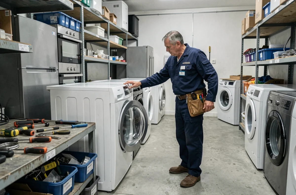 Technicien en réparation d'électroménager dans un atelier professionnel du Nord avec divers appareils en arrière-plan
