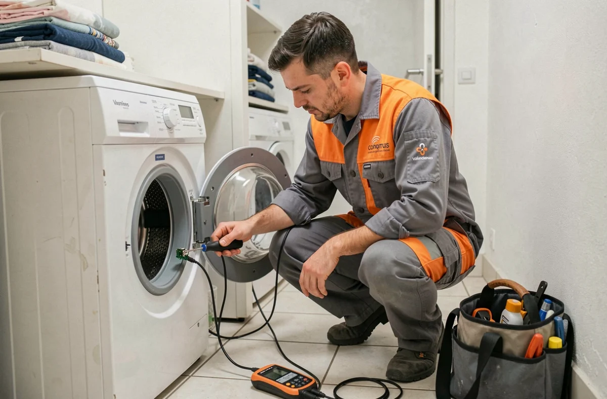 Technicien d'EBR Dépannage Électroménager intervenant rapidement sur une machine à laver dans le Valenciennois