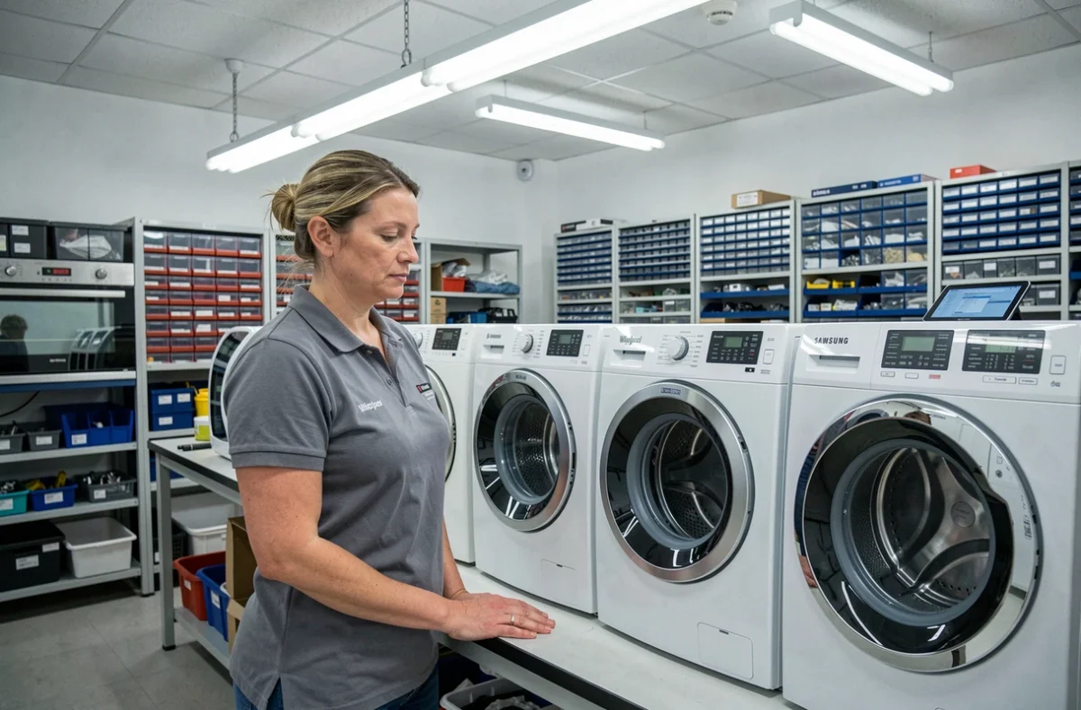 Technicienne d'Eurotopmenager travaillant sur plusieurs électroménagers de marques différentes dans un atelier multimarque
