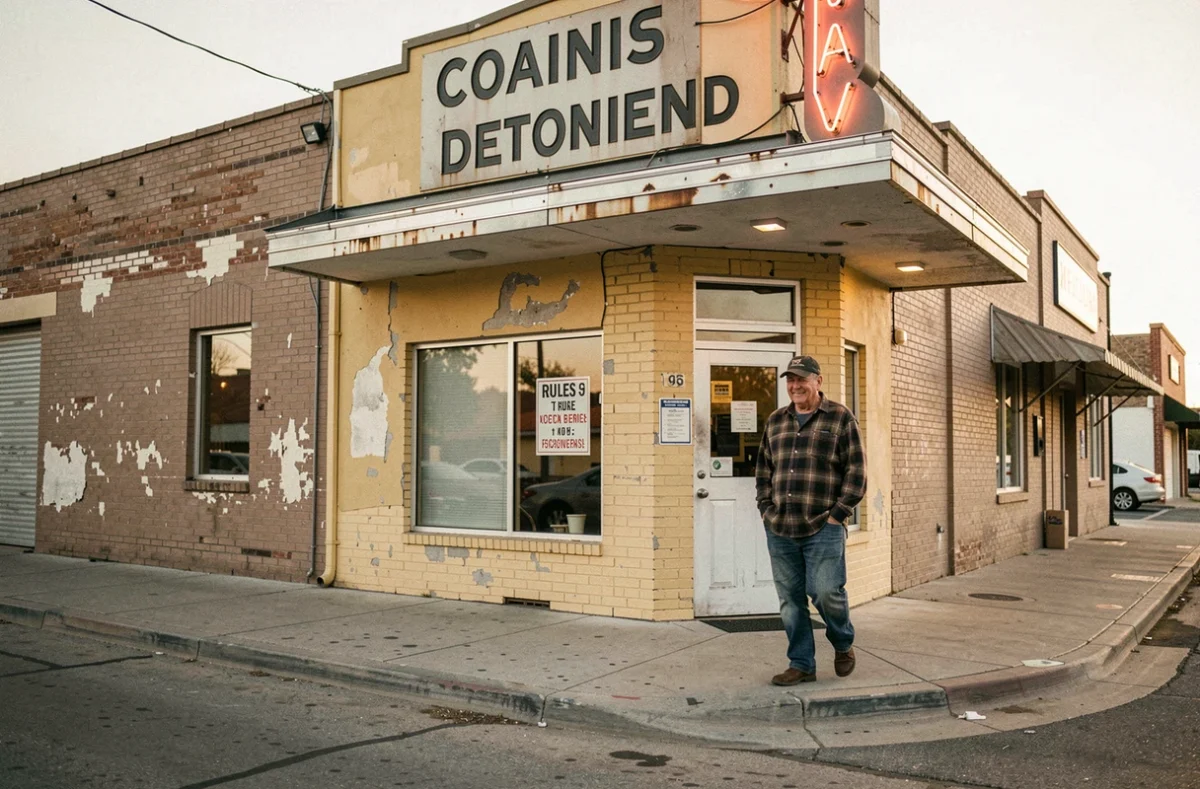 Façade d'un petit casino dans une ville peu connue du Nevada avec un passant intrigué
