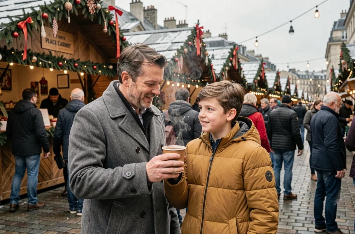 Père et adolescent dégustant un vin chaud au marché de Noël de Lyon place Carnot en hiver