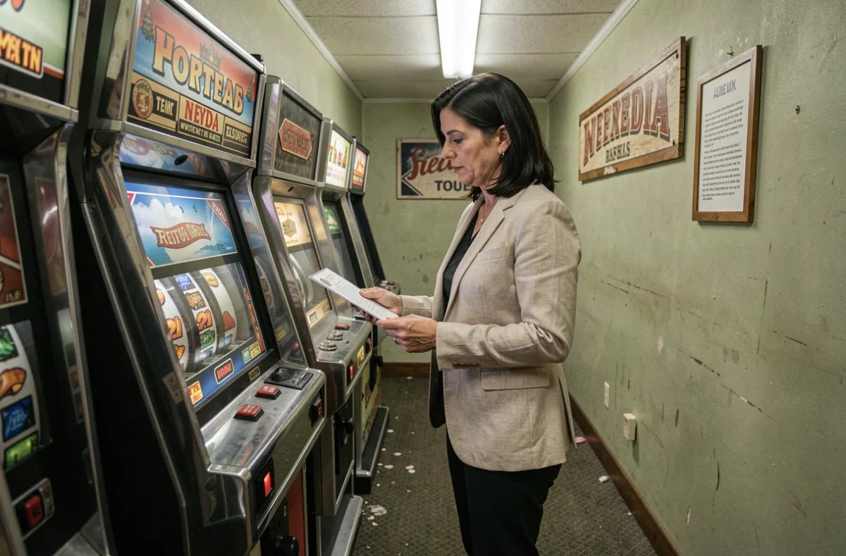 Femme découvrant les particularités d'une salle de jeux dans une ville méconnue du Nevada