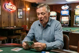 Joueur surpris découvrant les règles méconnues d'un casino de petite ville au Nevada