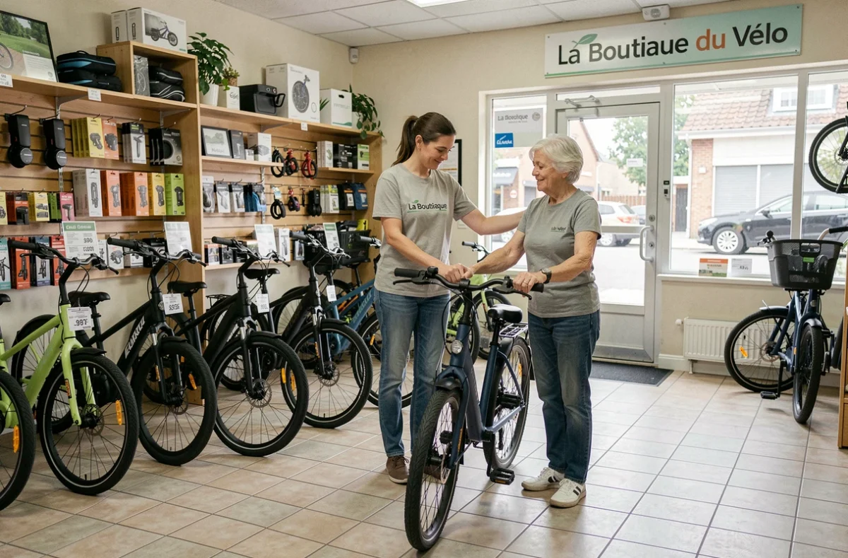 Vendeuse de La Boutique du Vélo réglant le guidon d'un vélo électrique pour une cliente âgée dans la boutique