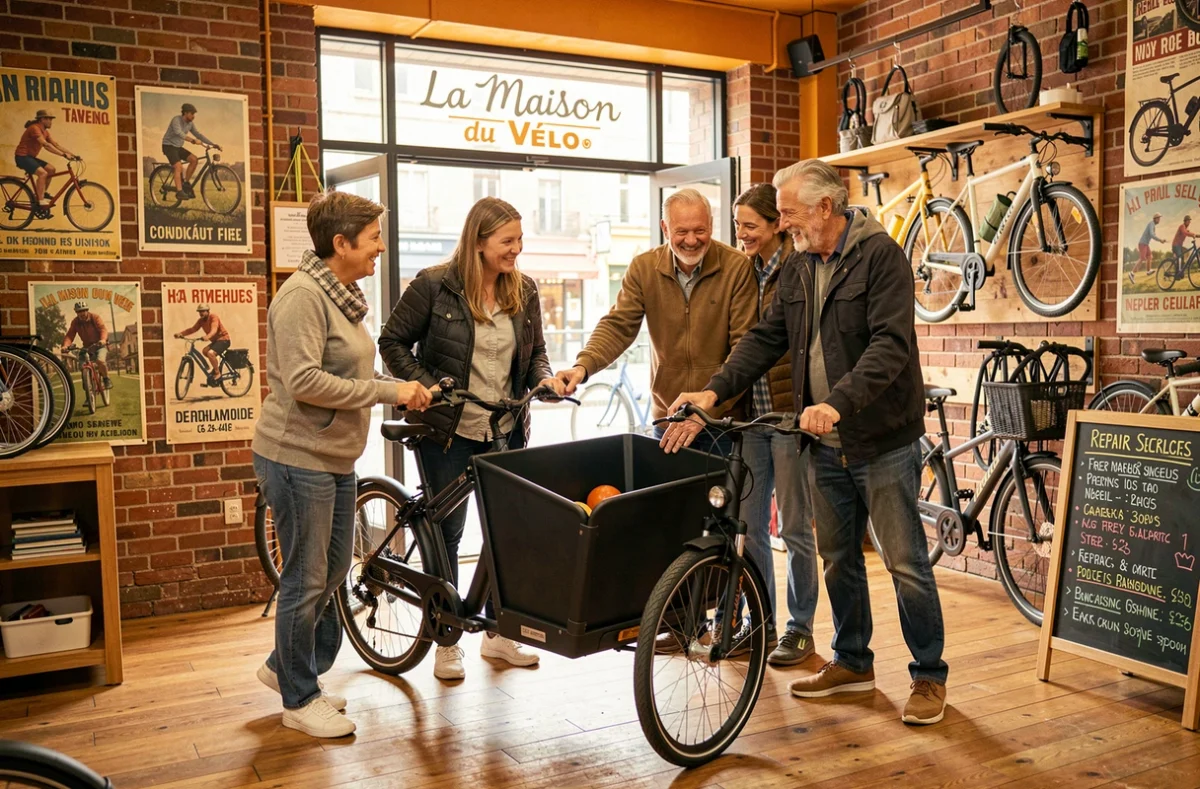 Le gérant de La Maison du Vélo présentant un vélo électrique cargo à un groupe de clients dans une boutique chaleureuse