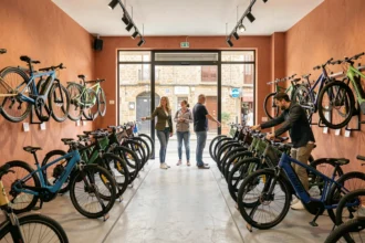 Vue panoramique d'un magasin de vélos électriques en Occitanie avec plusieurs modèles exposés et des clients en train de les examiner