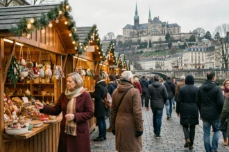 Marché de Noël de Lyon 2026 en bord de Saône avec chalets en bois et visiteurs en manteau d'hiver