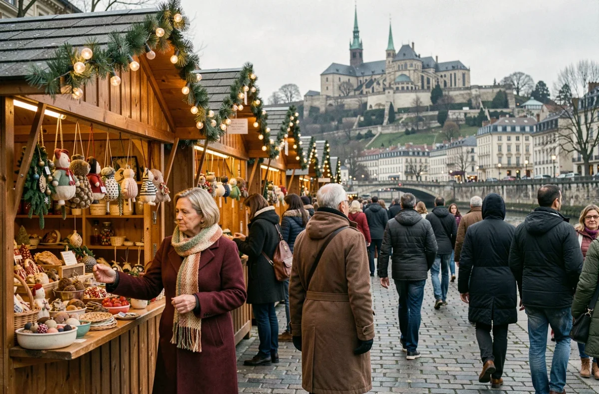 Marché de Noël de Lyon 2026 en bord de Saône avec chalets en bois et visiteurs en manteau d'hiver