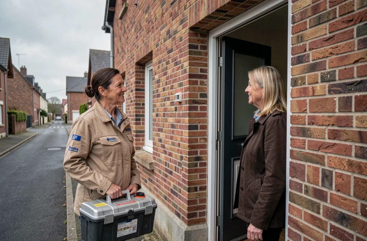 Technicienne de Muriel Dépannage arrivant au domicile d'une cliente dans le Nord pour une réparation d'électroménager à domicile