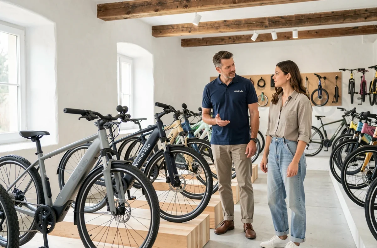 Intérieur du magasin Rêve de Vélo avec un conseiller présentant un vélo électrique urbain à une cliente intéressée