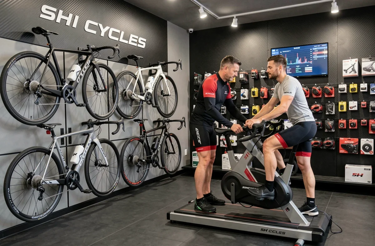 Spécialiste de SH Cycles effectuant un fitting vélo sur un client sportif dans leur atelier de performance
