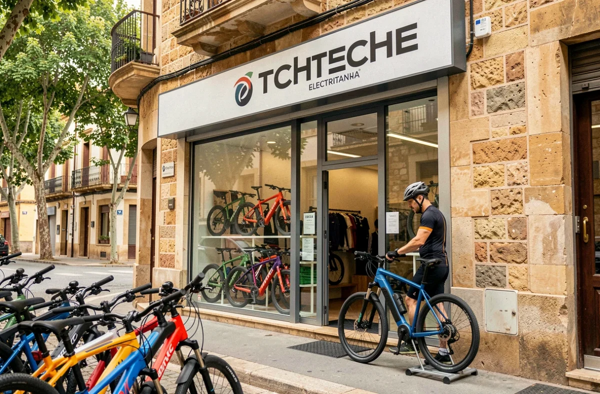 Façade du magasin Tchetche spécialisé en vélos électriques avec un cycliste garant son vélo devant la boutique
