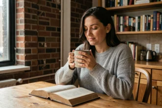 Femme réconfortée par des citations musicales un jour difficile, assise avec un livre ouvert et une tasse de café dans un appartement cosy