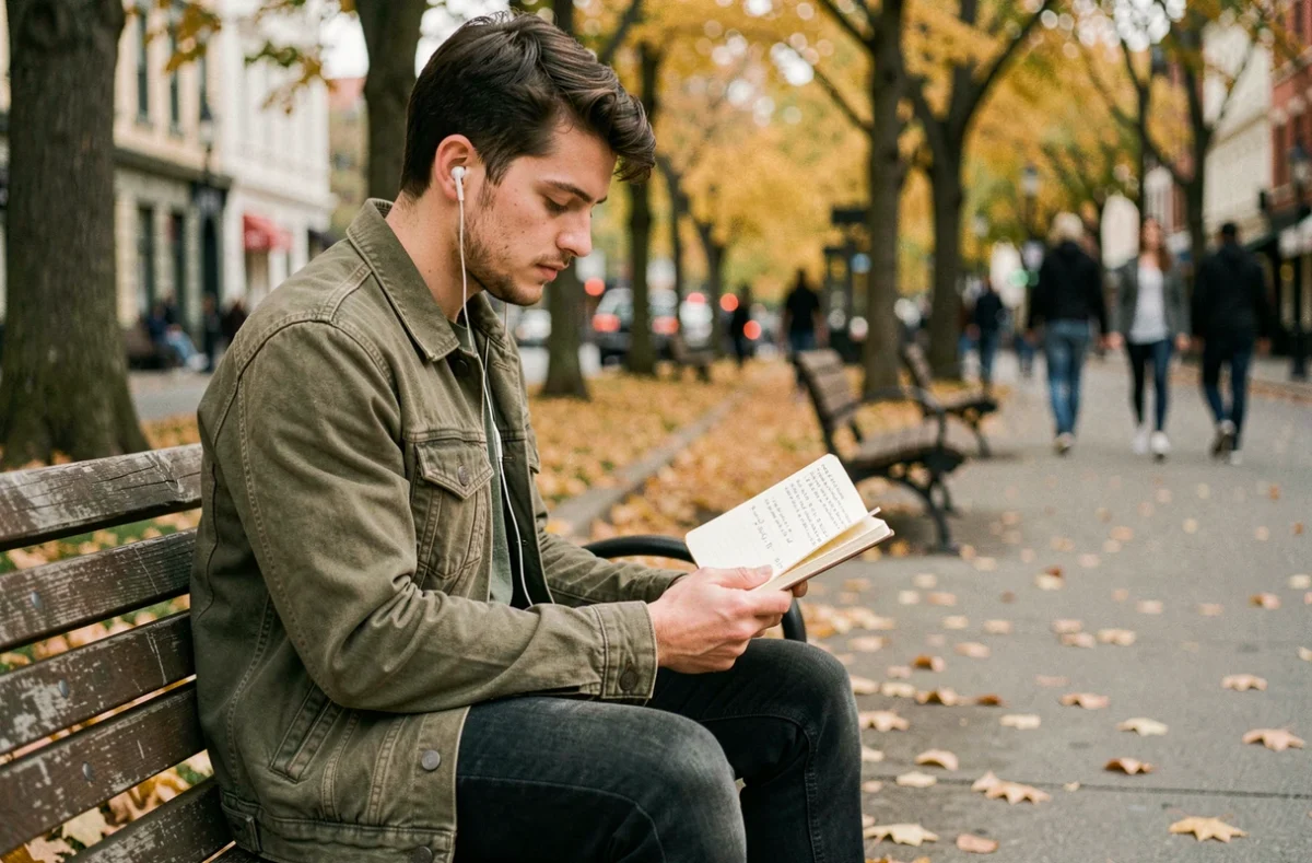 Jeune homme écoutant de la musique dans un parc en automne, tenant un carnet avec des paroles de chansons réconfortantes